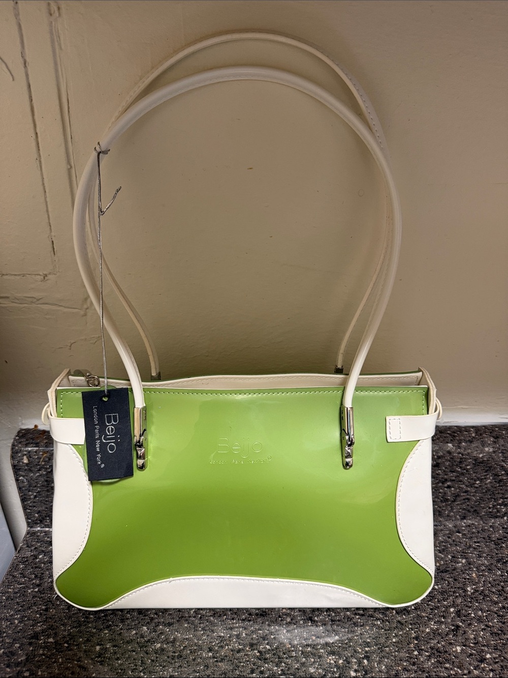 Beijo Green and White Patent Shoulder Bag